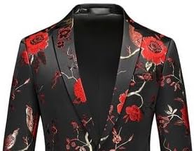 Men's Casual Rose Printed Suit 2 Button Dress Party Floral Suit Jacket Flower Lapel Slim Fit Stylish Blazer (Black,Small)