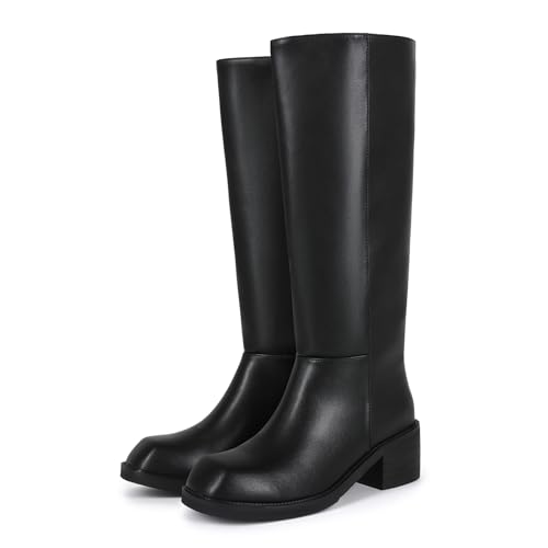 Women's Knee High Square Toe Boots Chunky Block Heel Wide Calf Tall Boot Casual Comfortable Low Heel Pull on Long Boots2