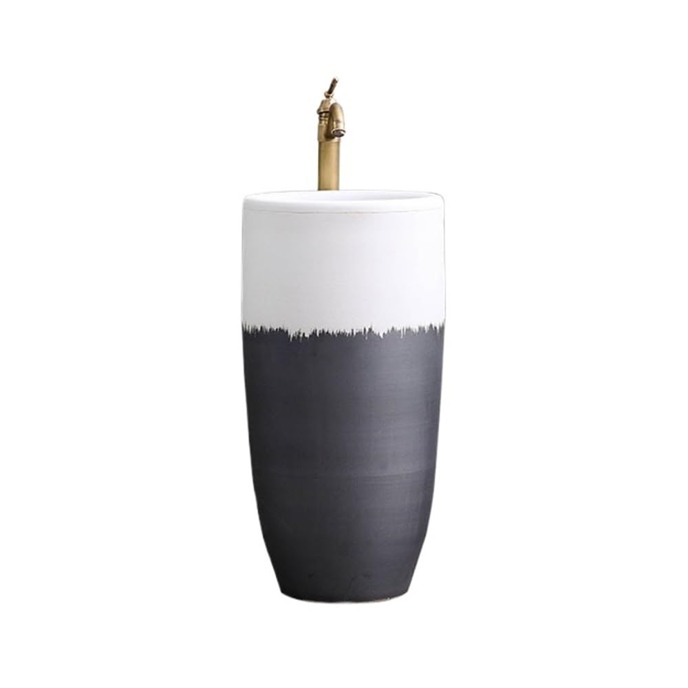 Free-Standing Freestanding Bathroom Pedestal Sink Outdoor Ceramic Wash Basin with Faucet and Drain Kit Lavatory Column