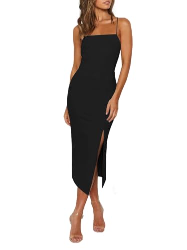 Image of LYANER Women's Sleeveless Bodycon Midi Dress Spaghetti Straps Split Hem Elegant Evening Party Cocktail Dresses