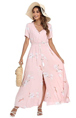 Image of VintageClothing Women's Floral Maxi Dresses Boho Button Up Split Summer Casual Long Dress Beach Party Dress