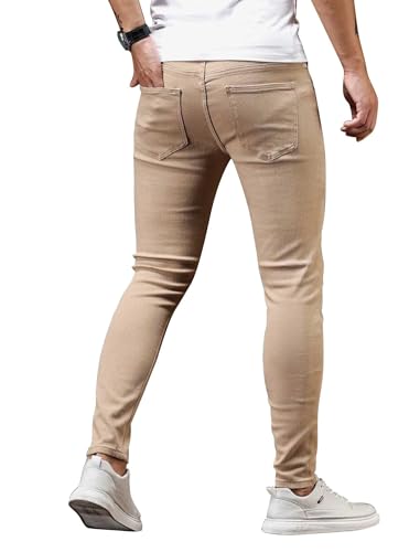 Image of HUNGSON Men's Blue Slim Fit Jeans Stretch Destroyed Ripped Skinny Jeans Side Striped Denim Pants