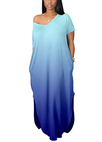 Image of Women Summer V Neck Loose Side Split Maxi Dresses with Pocket