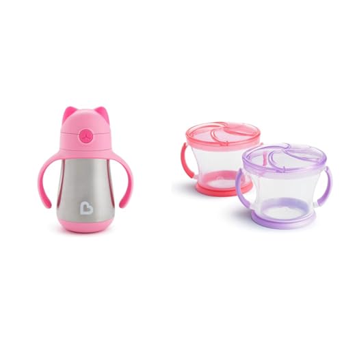 Image of Munchkin Cool Cat 8oz Stainless Steel Straw Cup & 2pk Snack Catcher Toddler Cups, Pink/Purple