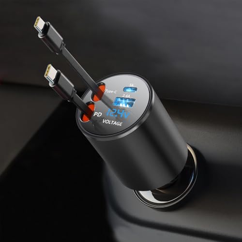 VIKNAN 【電圧計一体型】巻き取り式充電ケーブル 車 充電器 タイプC 2本 シガーソケット 4台同時充電可能 車載充電器 カーチャージャー 急速充電 電圧表示 12V/24V対応 iPhone/Android対応の商品画像（Amazon）