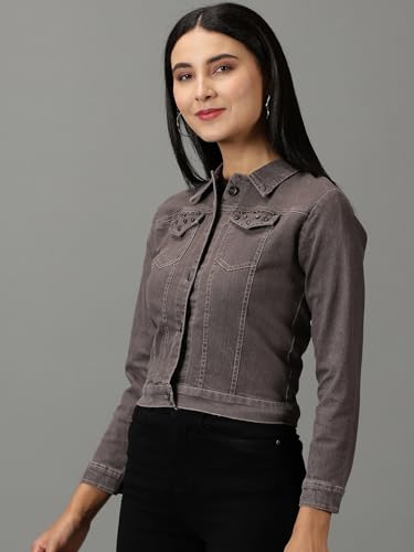 Image of SHOWOFFFF Women Solid Denim Jacket | Spread Collar Full Sleeves Denim Jacket for Womens | Regular Fit Regular Length Jacket for Women's