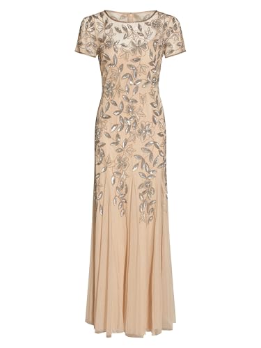 Image of Adrianna Papell Women's Beaded Gown with Godets - Floor Length Gown with Floral Embellishments & Cap Sleeves