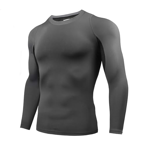AMZSPORT Maglia Compressione Uomo Maglietta Manica Lunga T-Shirt Sportiva per Palestra Corsa Ciclismo Golf, Grigio XXL