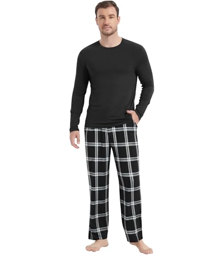 Image of NACHILA Pajamas for Men-Viscose Made from Bamboo, Long Sleeve Pajamas Set Comfy Sleepwear Pants Soft V Neck Pjs with Pockets
