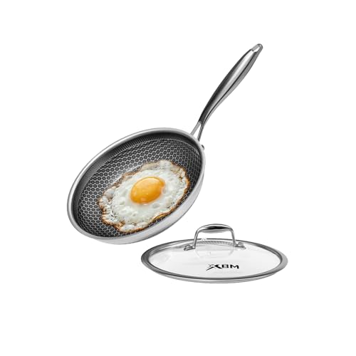 Image of XBM Honeycomb Stainless Steel Nonstick Frying Pan with Lid 7 Inch, Induction Cooktop Compatible Skillet, PFOA-Free Scratch-Proof, Dishwasher & Oven Safe, Stay-Cool Handle, Silver Kitchen Cookware