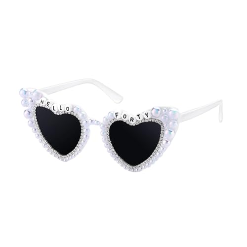 Xyvvol 40th Birthday Glasses Hello Forty Heart-shaped 40th Birthday Props for Women Female White Diamond Pearl Sunglasses for Women 40th Birthday Accessories Party Gift