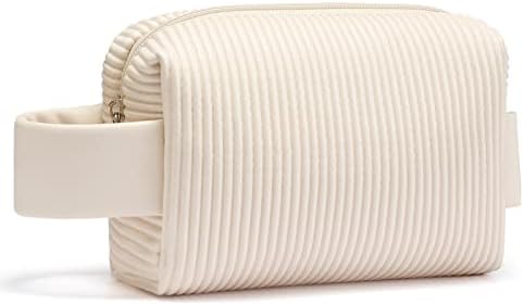 LIYSOCA Small Makeup Bag PU Striped Leather Portable Travel Pouch,Waterproof Cosmetic Pouch with Handle,Cute Makeup Bags for Women and Girls (Beige)