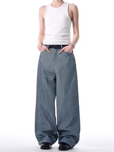 GUOYUXIAO Men's Jeans Retro Minimalist Stripe Casual Denim Pants Wide-Leg Straight-Leg Trouser for Men3
