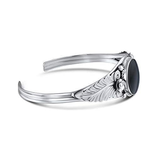 Nature Leaf American Indian South Western Navajo Style Flowers Round Cabochon Statement Black Onyx Wide Cuff Bracelet For Women .925 Sterling Silver #TOP1