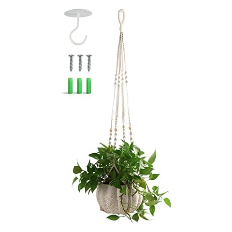 Macrame Plant Hanger with Ceiling Hooks for Hanging Plants 1 Set Hanging Planters for Indoor Plants Hanging Planter Basket with Wood Beads Without Tassels 41" Plant Hangers Indoor Ivory Cover