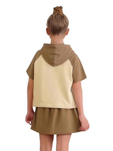 Kids Girls 2 Piece Athletic Outfit Short Sleeve Hooded Top & Mini Skirt for Sports Casual Wear Coffee 2 Years2