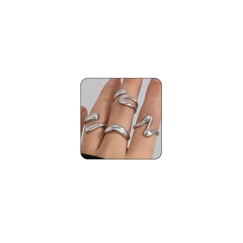 Chunky Gold and Silver Rings for Women - Adjustable Statement Open Bold Thick Stackable Rings Set - Gold Plated Jewelry