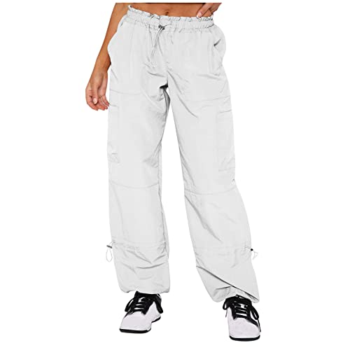 XUNRYAN Parachute Pants for Women Baggy Drawstring Elastic Low Waist Ruched Cargo Pants Multiple Pockets Jogger Y2K Pants White
