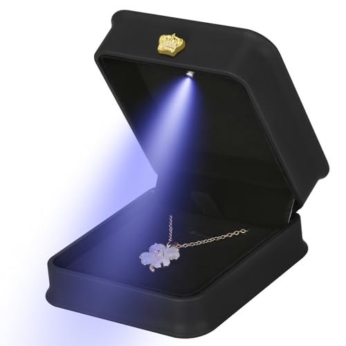 KUKUVR Necklace Pendant Gift Box with LED Light, Premium PU Leather Jewellry Storage Display Case for Wedding Engagement Birthday Anniversary Ceremony for Women Girl (Black)