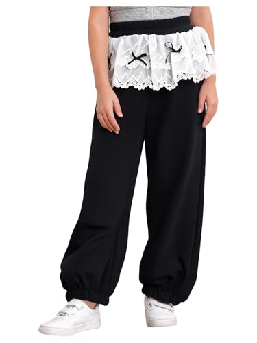 Kids Girls Bowknot Lace Trim Track Pants Wide Leg Jogger Trousers Y2K High Waisted Sweatpants Casual Daily Wear