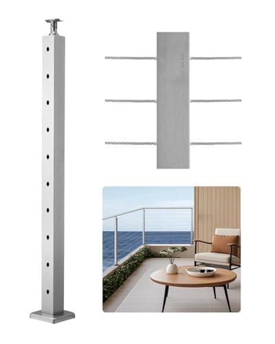 VEVOR Poteau Garde Corps, 914x50,8x50,8 mm, Poteau Rampe d'Escalier à Câble, Trous Horizontaux Pré-percés, Support Horizontal Incurvé, pour Main Courante,...