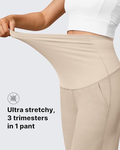 G4Free Umstandshose Damen Hohe Taille Yogahose mit Taschen Weites Bein Umstandsmode für Schwangere Lang Freizeithose Stretch Lose Gerade Hose(Helles Khaki,L,30\)