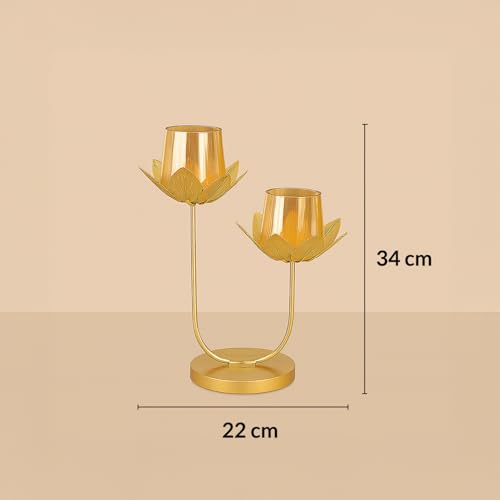 Image of MARKET 99 Metal + Glass 2 Votive T-Light Holder | U-Shaped Golden Candle Stand for Christmas, Diwali, Birthdays & Weddings | Elegant Home & Festive Ambient Decor Lighting
