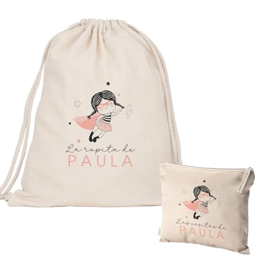 Evyre | Pack Bolsa y Neceser | Mochila Infantil Personalizada con Nombre | Mochila Niña/o + Neceser Bebe Guarderia | Mochila de Cuerdas Niño/a Algodón Orgánico | Bolsa Merienda Infantil | SuperNena