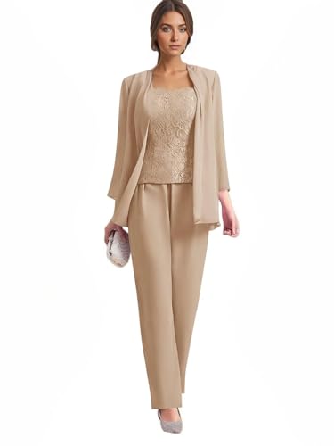 Champagne Mother of The Bride Pant Suits for Women 3 Pieces Dressy Chiffon Grandmother of Bride Pant Suit Petite Wedding Guest Pantsuits with Jacket Champagne 12