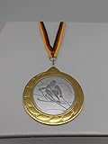 mit Medaillen-Band Fanshop Lünen Ski Slalom Skisport 1 Stück Medaillen Große Stahl 70mm, (Gold) - mit Alu Emblem 50mm (Silber) - mit Medaillen-Band (9302)