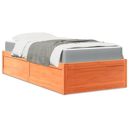 YuuSsea Cama con colchón, marrón cera, 100 x 200 cm, madera maciza de pino, robusto juego de muebles para dormitorio, cómodo colchón de muelles ensacados