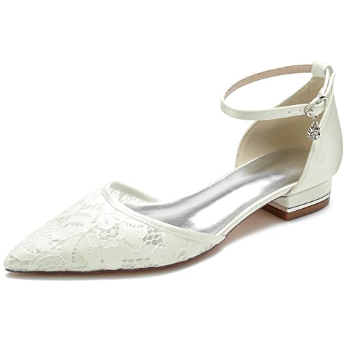 ENWIND Zapatos De Boda Planos De Encaje De Las Mujeres Correa De Tobillo Bailarinas De Punta Cerrada Zapatos De Novia,Marfil,42 EU