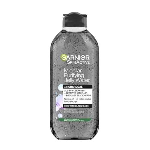 Garnier SkinActive - Agua de gelatina purificadora micelar, 400 ml, limpiador todo en uno, elimina el maquillaje, reduce los puntos negros, dermatológicamente probado, uso con almohadillas ecológicas