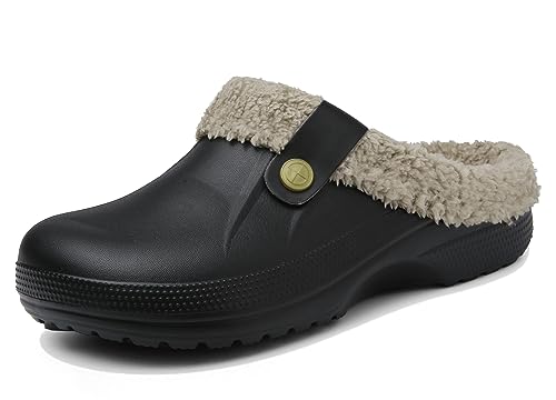 Meik Mangni Zuecos de Mujer Mules Caliente Forro Hombre Invierno Pantuflas Impermeable Zapatos de jardín Antideslizantes Zapatillas de Estar en Casa,Marrón Negra Tamaño:40-41 EU