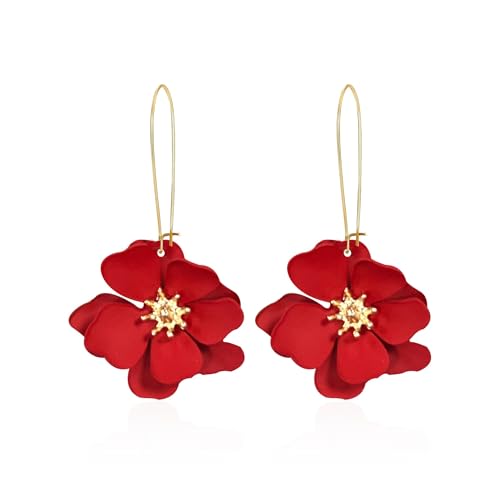 SIXDUTON Boucle D'oreille Fleur pour Femmes, Boucles D'oreilles Pendentif Fleur de Bohème Pétale Hypoallergénique Mode Bijoux Cadeau (Rouge)
