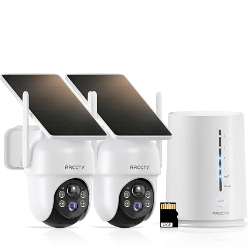 Image of ARCCTV Solar Security Cameras Wireless Outdoor, No Monthly Fee, 2-Camera 2K Home Security Camera System with Base Station, Local Storage, PIR Motion Alerts, Color Night Vision