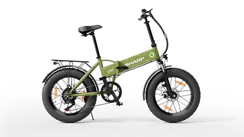 SHARP FS08EGG - faltbares e-Fatbike - 20 Zoll Klapprad für Camping & Pendler (250W Motor, 10,2Ah Batterie, Shimano 7-Gang, Scheibenbremsen, 25 km/h, bis zu 52 km Reichweite, LCD Display) - Olivgrün
