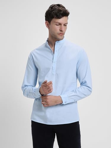 Image of Dennis Lingo Men's Cotton Solid Slim Fit Mandarin Collar Full Sleeves Casual Shirt