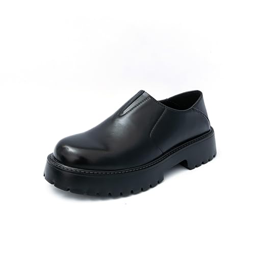 Men's Leather Slip-On Platform Loafers Fashion Round Top Lug Sole Dress Shoes - Comfort Non-Slip for Casual Formal Daily