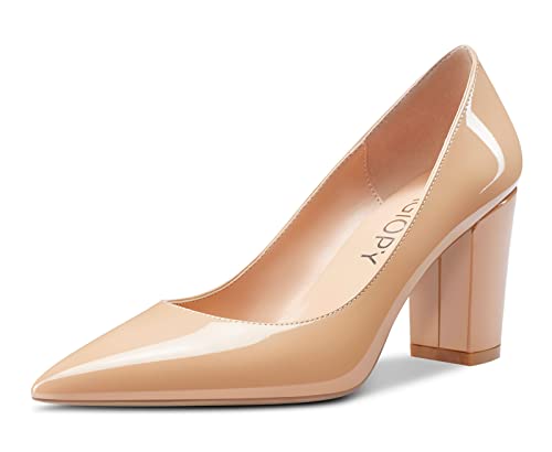 MAGIOPY Damen Pumps mit Chunky Absatz Slip-on High Heels Spitzen Zehen Pumps Hochzeitsschuhe 8 cm Blockabsatz Büroschuhe Beige Lackleder 38 EU Cover