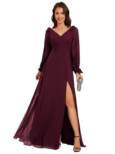 Image of Ever-Pretty Women's Fall Winter Formal Wedding Guest Dress Long Sleeve V Neck Chiffon Floor Length Bridesmaid Dresses 80116