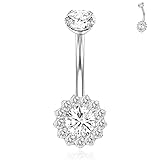 GAGABODY 14G Titanium Belly Button 10mm Belly Button Rings Belly Ring Flower Shape Clear Cubic Zirconia Piercing for Navel Body Jewelry for Women Silver Belly Piercings