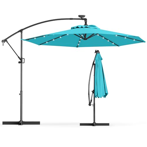 KOMFOTTEU Ombrellone LED 300 cm x 230 cm, ombrellone da giardino con manovella, ombrellone da terrazza con supporto, rotazione a 360°, ombrellone pieghevole inclinabile, ombrellone senza portaombrelli