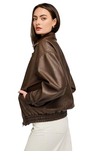 Women's Lambskin Leather Jacket – Oversized Brown Bomber with Elastic Waistband, Zip Closure & Structured Shoulders2