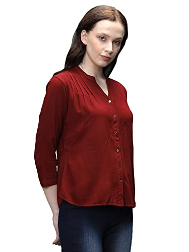 Image of Identiti Women Maroon Three Quarter Sleeves Solid Slim Fit PureViscose Casual Top for Women 551-8091N-44 P