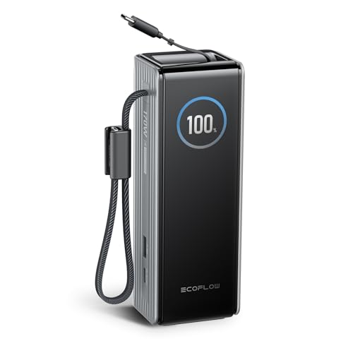 EF ECOFLOW Rapid Power Bank, 25,000mAh, 170W, 100W Built-in and Retractable Cables, Portable Charger with Triple 100W USB-C Port, Compatible with iPhone Series, Samsung, Laptop and More, Silver