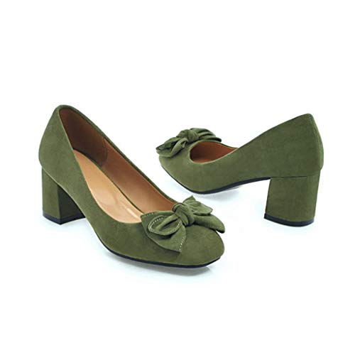 MIOKE Women's Chunky Mid Heel Pumps Suede Square Toe Bowtie Slip-On Comfort Casual Work Office Dress Shoes3