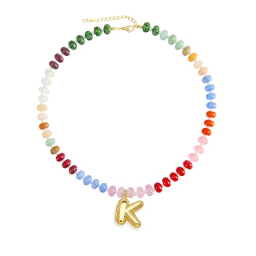 Elegant Boho Colorful Beaded Necklace with Gold Bubble Letter A-Z Pendant,Handmade Trendy Summer Beach Initial Necklace Chain,14K Gold-Plated Natural Stone Choker, Perfect Festival Jewelry Gift for Women