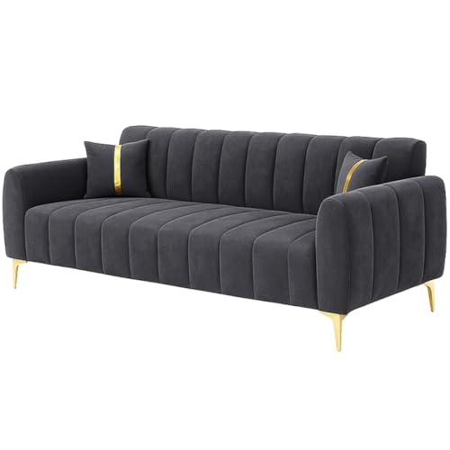 Image of FURNY Harmony 3 Seater Velvet Fabric Sofa Set (Dark Grey) with Golden Finish Legs & Premium Velvet Finish | Durable & Comfortable | Ideal for Living Room