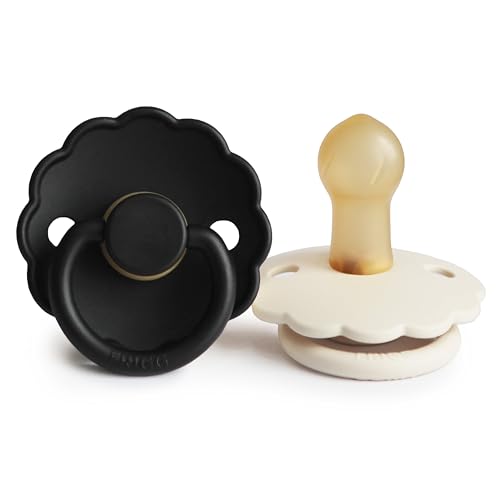 Image of FRIGG Daisy Natural Rubber Baby Pacifier | Made in Denmark | BPA-Free (Jet Black/Cream, 0-6 Months) 2-Pack